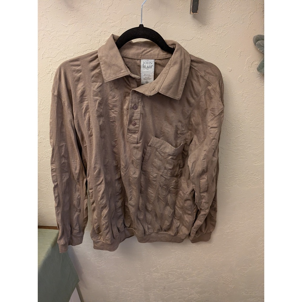 Mens Textured Long Sleeve Collared Shirt Taupe Casual Size Medium